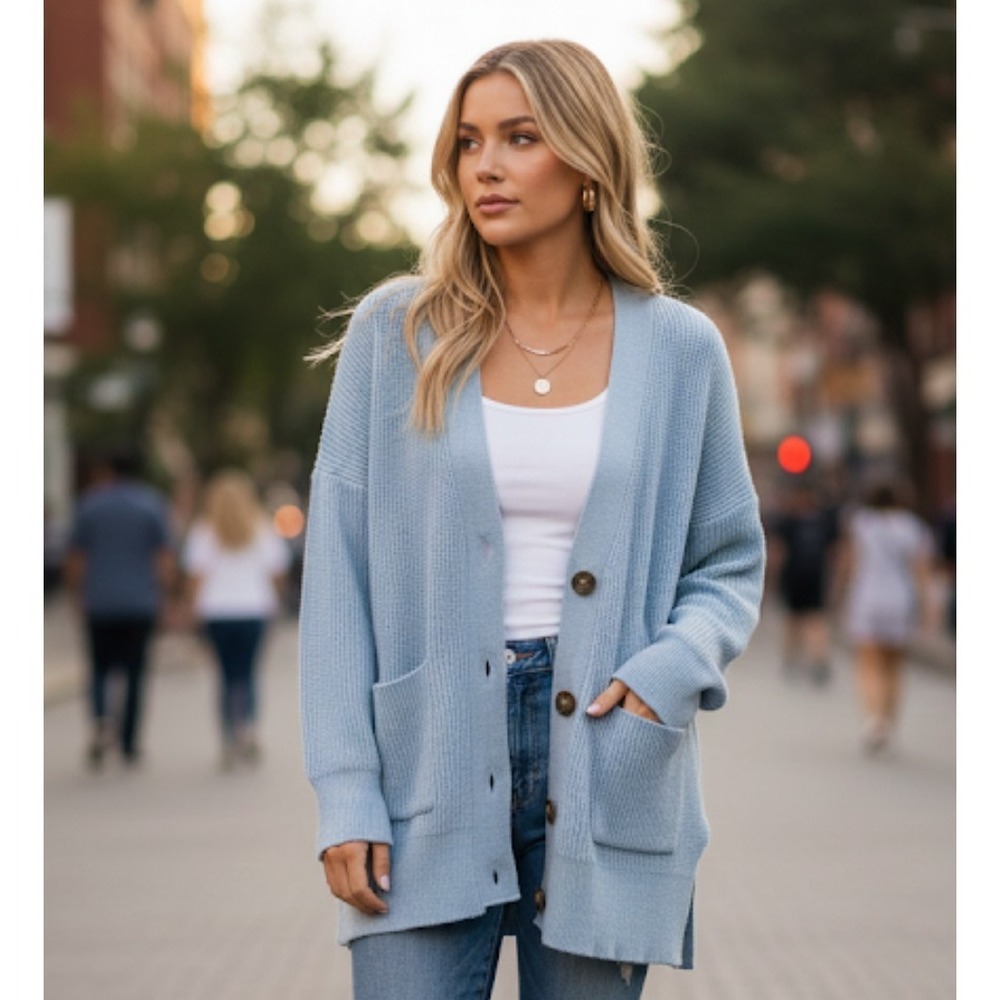 Tahari Light Sky Blue‎ Long Sleeve Button Up Cardigan Size M A3